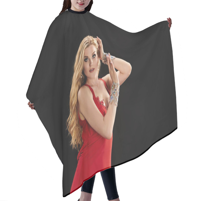 Personality  A Captivating Young Woman In A Red Dress Strikes A Pose, Showcasing Her Dance Skills. Hair Cutting Cape