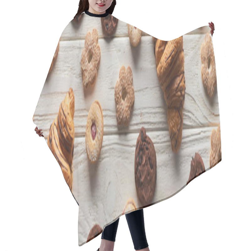 Personality  Top View Of Sweet Cookies And Croissants On White Wooden Table, Panoramic Shot Hair Cutting Cape