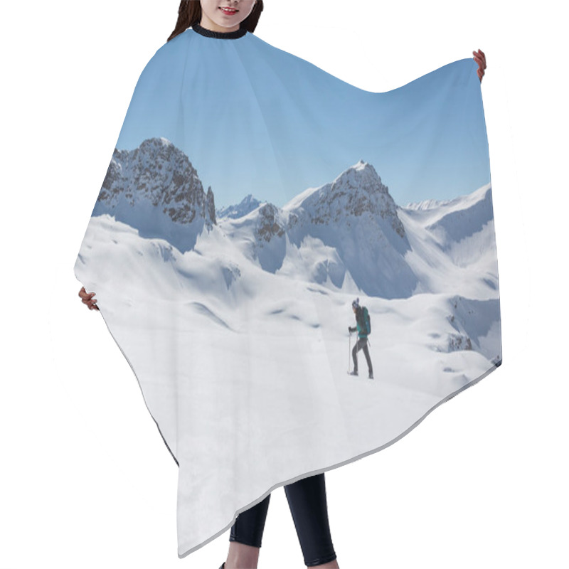 Personality  Women With Snowshoes Walking In  Snowy Winter Landscape In Schanfigg Near Arosa With Blue Sky Hair Cutting Cape