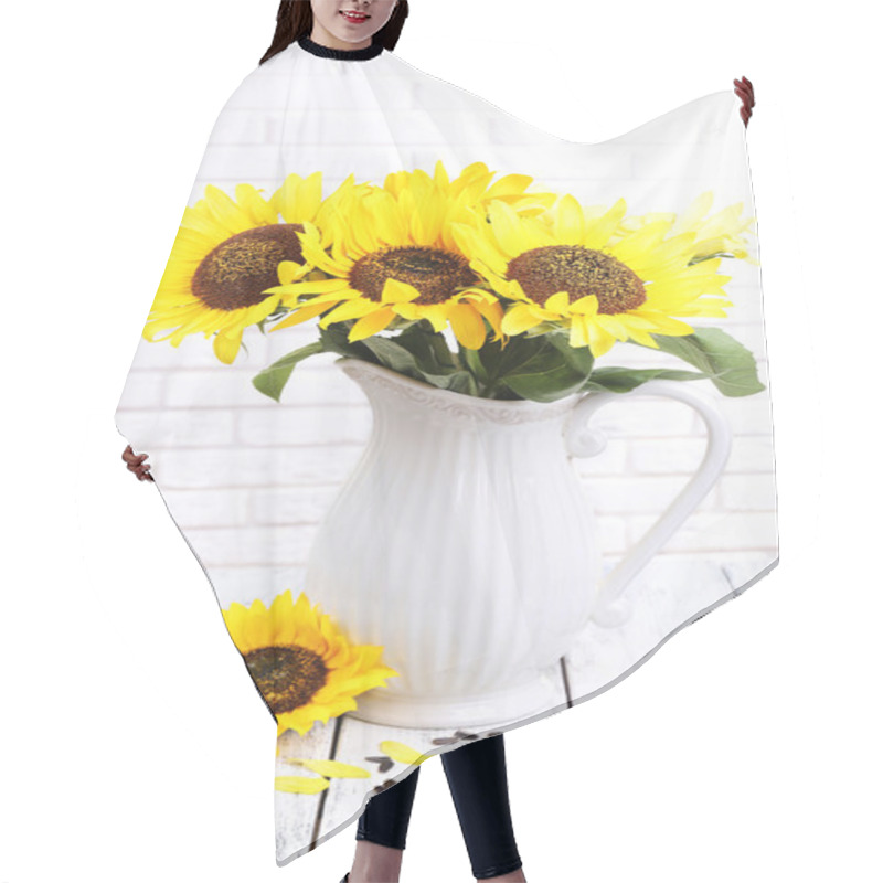 Personality  Beautiful Bouquet Of Sunflowers In Pitcher On Table On Brick Wall Background Hair Cutting Cape