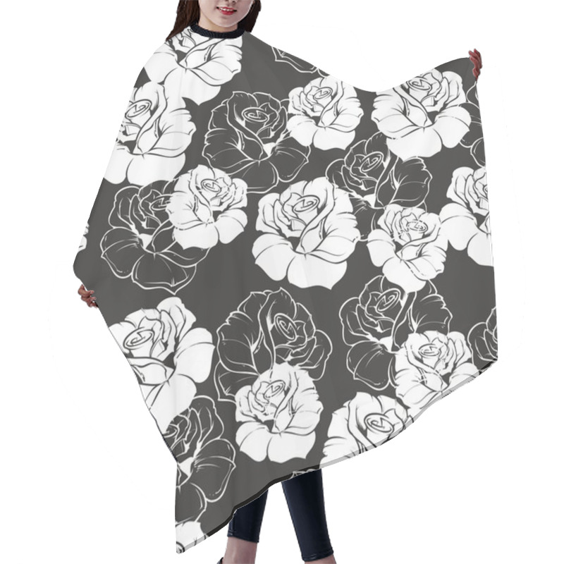 Personality  Seamless Vector Dark Floral Pattern With White Retro Roses On Black Background. Beautiful Abstract Vintage Texture With Pink Flowers And Cute Background. Hair Cutting Cape