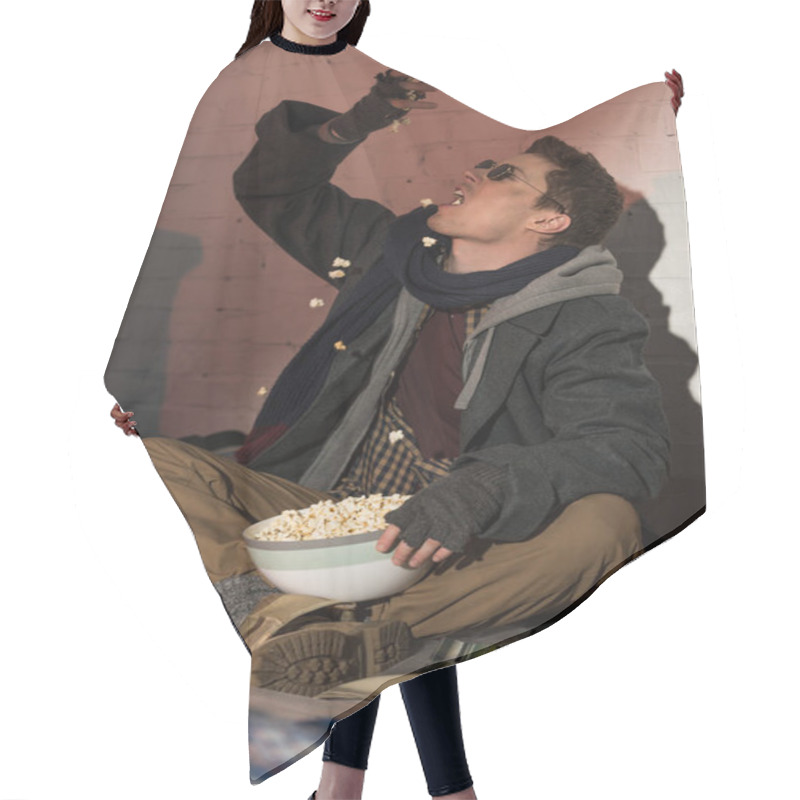 Personality  Hungry Homeless Man Eating Popcorn While Sitting By Brick Wall Hair Cutting Cape