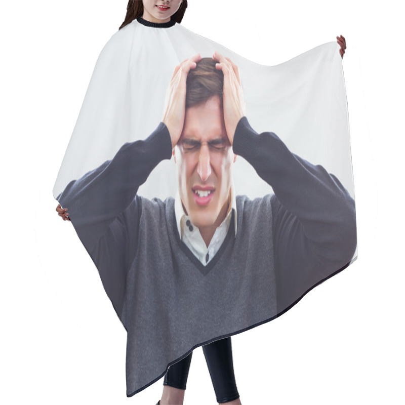 Personality  Frustrated Businessman Holding Head Hair Cutting Cape