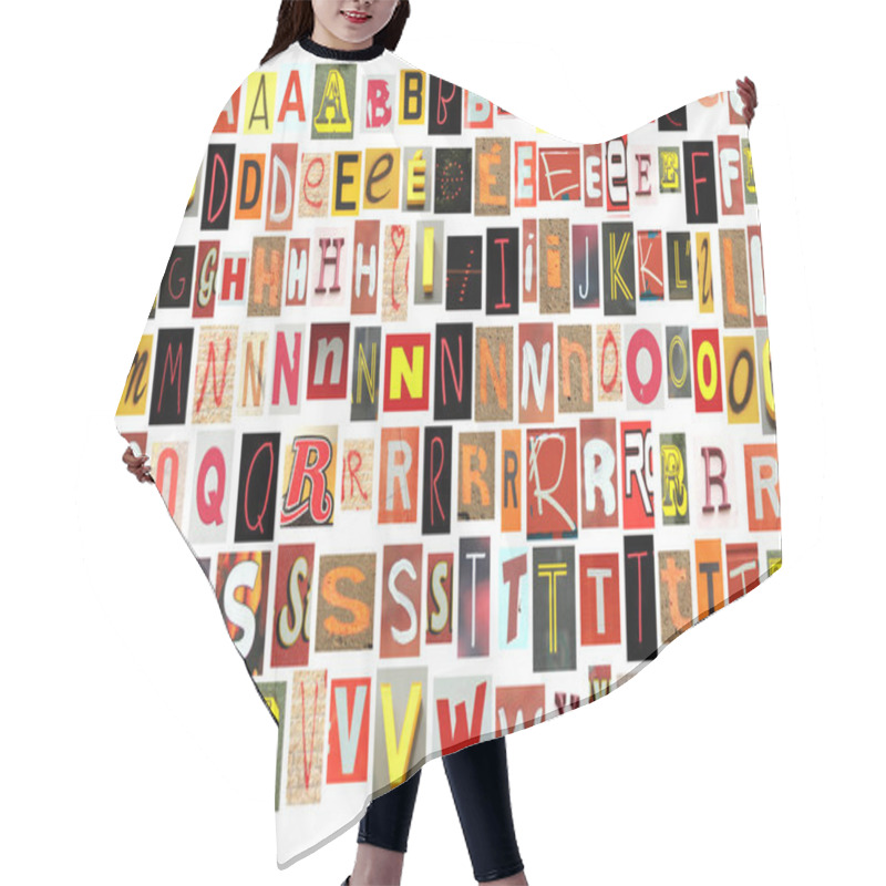 Personality  Newspaper Alphabet Cut Out In Red, Orange, Yellow And Black Isolated On White Hair Cutting Cape