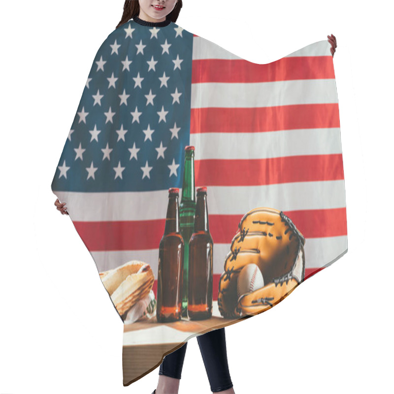 Personality  Close-up View Of Beer Bottles, Hot Dogs, Leather Glove And Baseball Ball On Wooden Table With Us Flag Behind Hair Cutting Cape