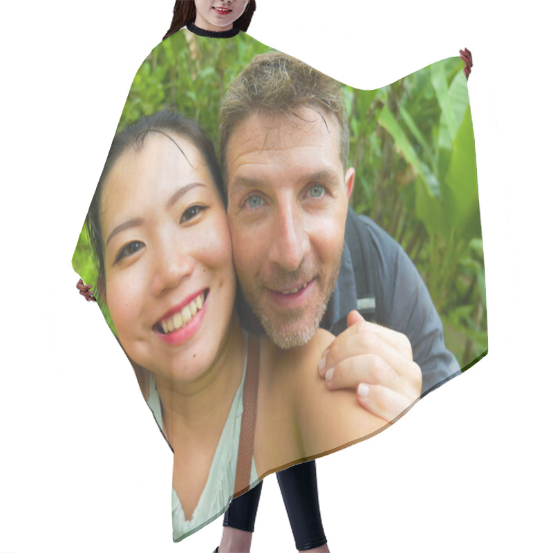 Personality  Young Beautiful And Happy Mixed Ethnicity Couple Beautiful Asian Chinese Woman And White Man In Love Taking Selfie Picture Outdoors Enjoying Romantic Holidays Trip In Tropical Honeymoon Vacation Hair Cutting Cape