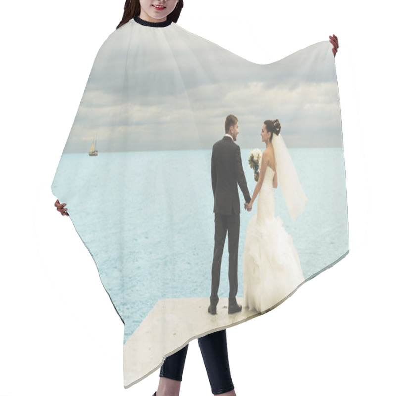 Personality  Newlyweds On The Sea Background. Hair Cutting Cape