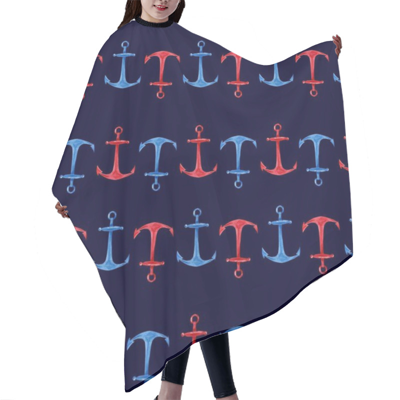 Personality  Watercolor Hand Drawn Seamless Pattern With Red, Blue Anchors On Dark Blue Background. Cute And Simple Nautical Design. Hair Cutting Cape