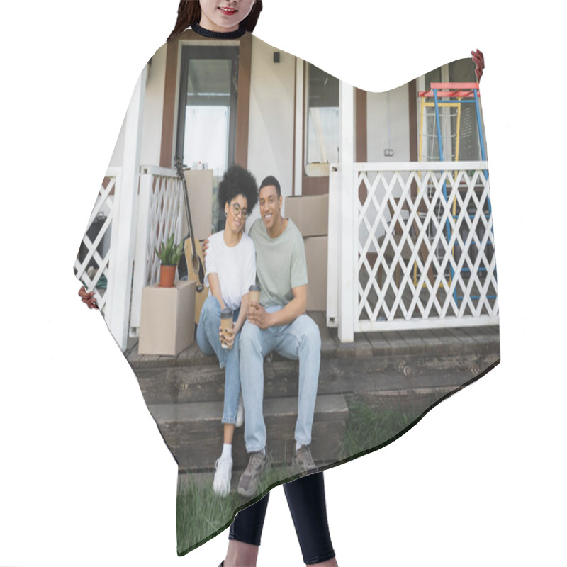 Personality  Cheerful African American Couple Hugging And Holding Coffee To Go On Porch Of New House Hair Cutting Cape