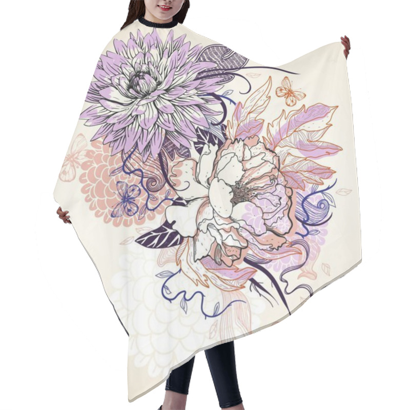 Personality  Vector Illustration Of Blooming Flowers And Flying Butterflies Hair Cutting Cape