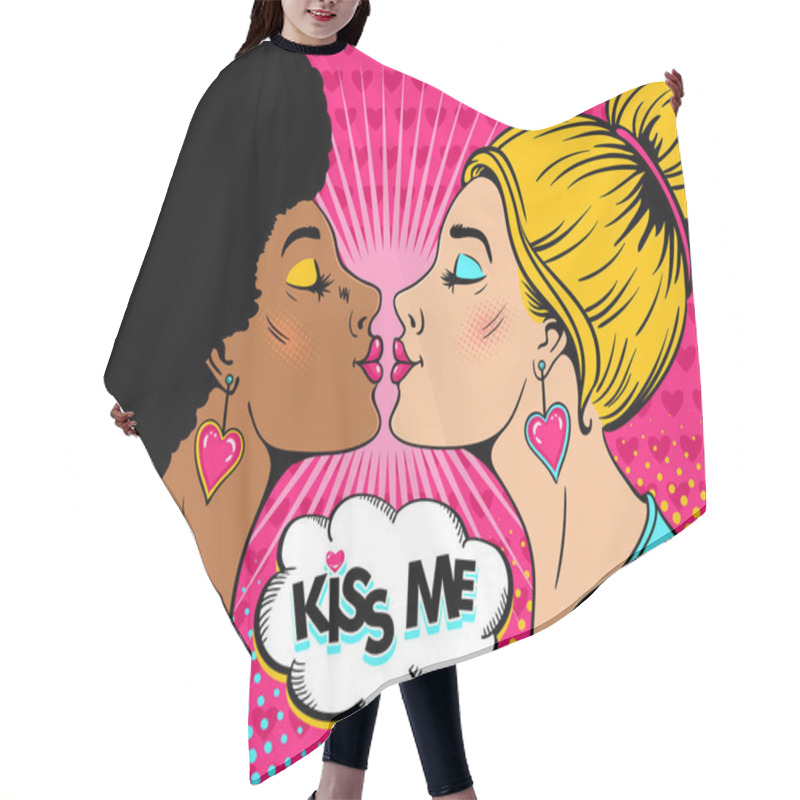 Personality  Wow Female Couple. Two Sexy Blonde And Afro Women In Profile Stretch To Each Other For Kiss And Kiss Me Speech Bubble. Vector Background In Retro Pop Art Comic Style. Valentines Day Invitation Poster. Hair Cutting Cape