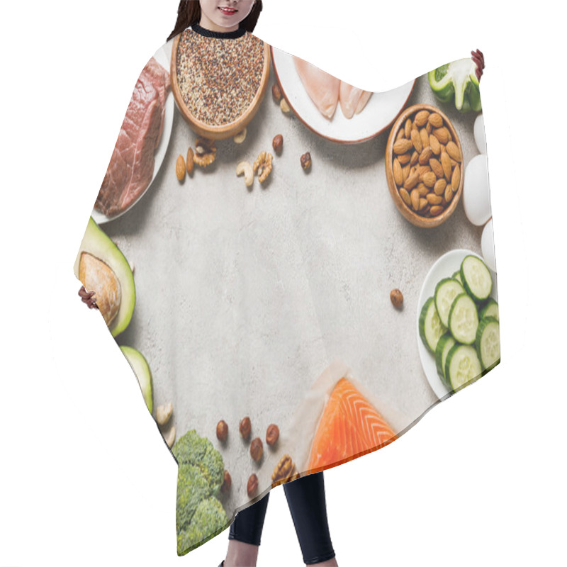 Personality  Top View Of Raw Ketogenic Diet Ingredients On Grey Background With Copy Space Hair Cutting Cape