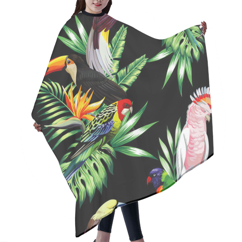 Personality  Tropical Birds And Palm Leaves Seamless Black Background Hair Cutting Cape