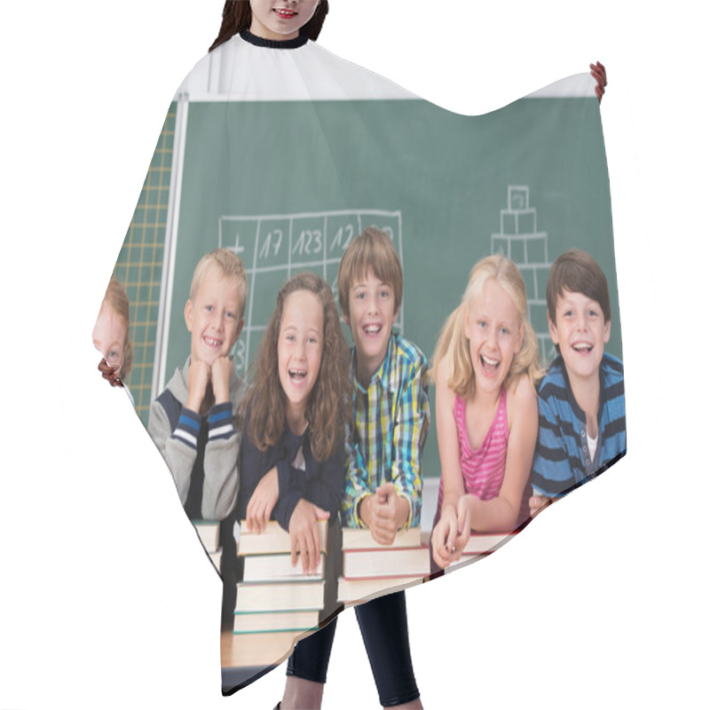 Personality  Laughing Group Of School Kids In Class Hair Cutting Cape