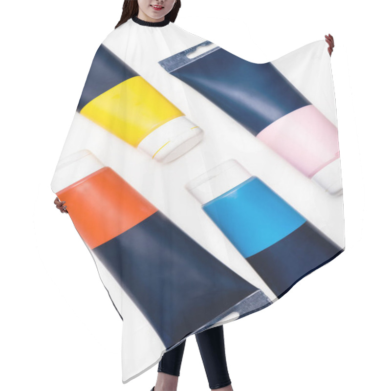 Personality  Top View Of Acrylic Paint Tubes On White Background Hair Cutting Cape