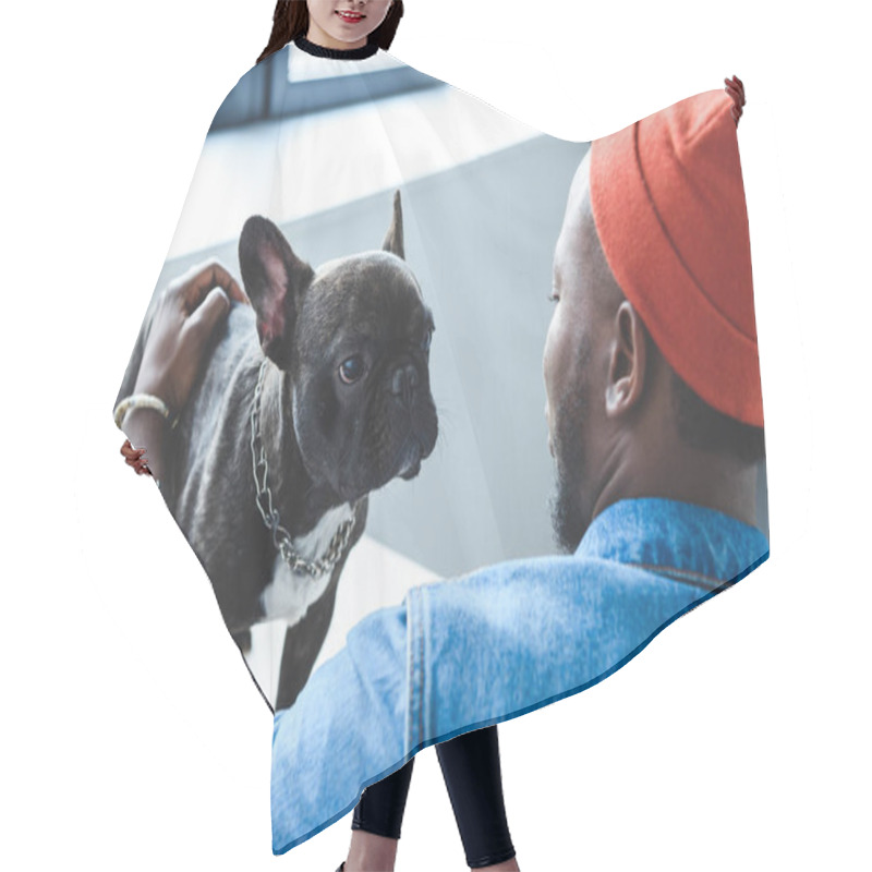 Personality  African American Man Cuddling Cute French Bulldog Hair Cutting Cape