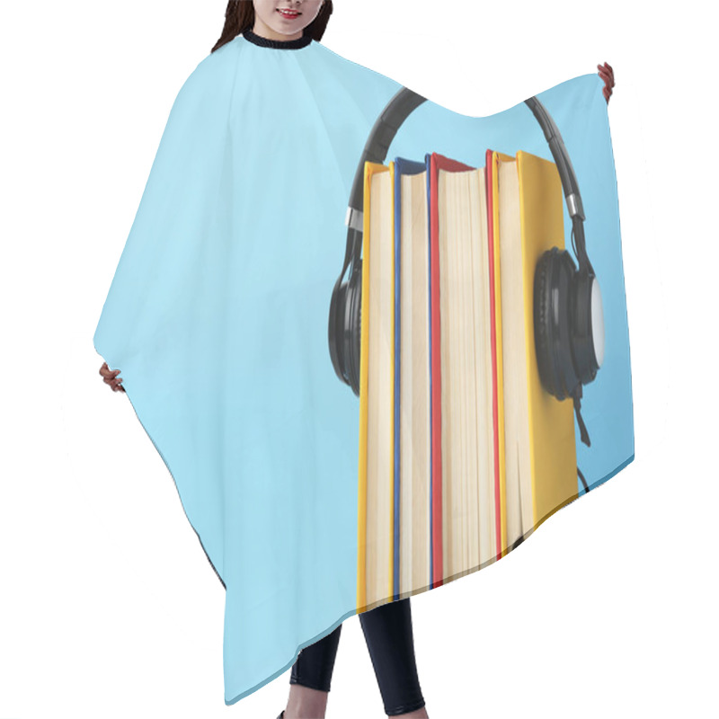 Personality  Books And Modern Headphones On Light Blue Background. Space For Text Hair Cutting Cape