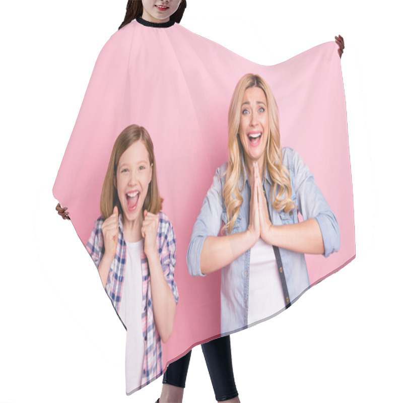 Personality  Portrait Of Ecstatic Mother Daughter Enjoy Corona Virus Victory Put Hands Together Raise Fists Scream Yes Wear Casual Denim Jeans Checkered Plaid Shirt Isolated Pastel Color Background Hair Cutting Cape