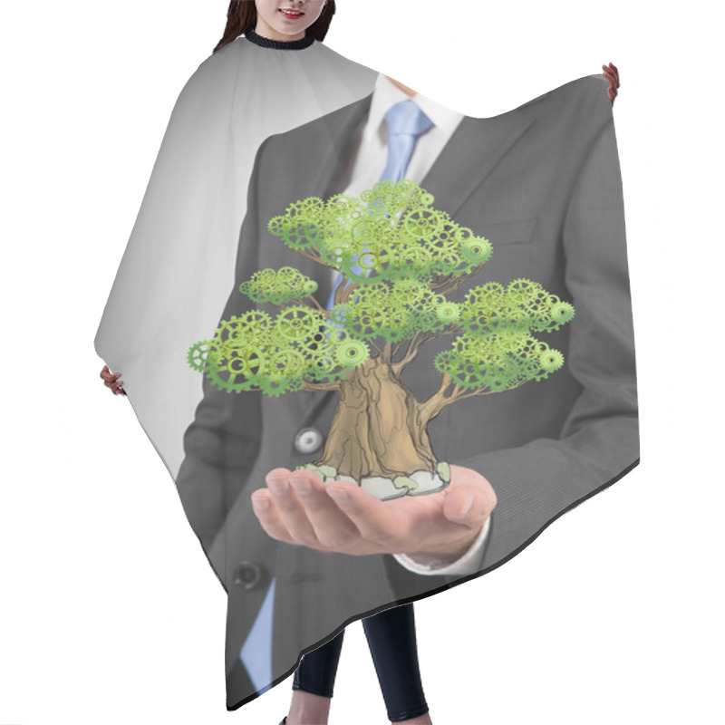 Personality  A Person In Formal Suit Holds A Sketched Tree On The Palm. Light Grey Background. A Concept Of The Business Development. Hair Cutting Cape