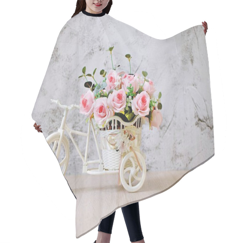 Personality  Artificial Pink Rose On Bicycles On Table Isolated On White Background Bouquet Bucket Bicycle With Soft Tone For Festive Background Or Wallpaper Copy Space For Lettering Valentine's Day Romantic Love  Hair Cutting Cape