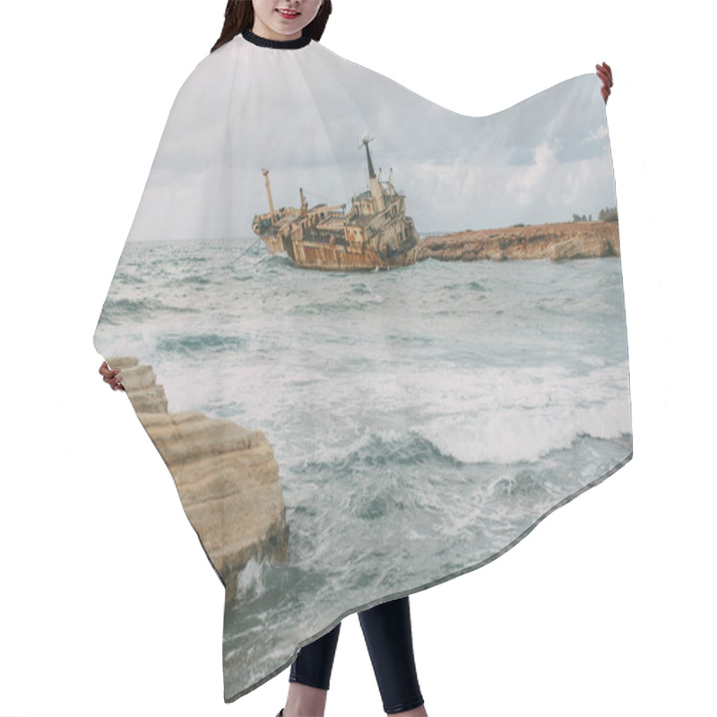 Personality  Rusty Ship In Water Of Mediterranean Sea Against Sky With Clouds Hair Cutting Cape