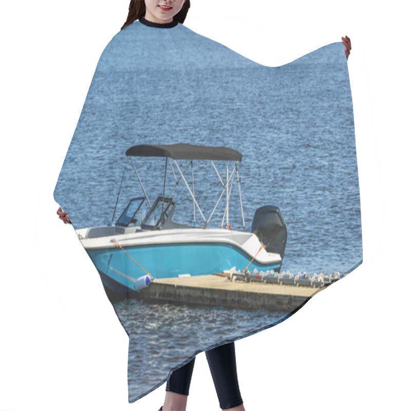 Personality  Motor Boat Or Cutter Moored To A Pier. Fishing, Swimming And Boating Area.  Nature, Vacations, Recreation, Ecotourism, Lifestyle Concepts. Hair Cutting Cape