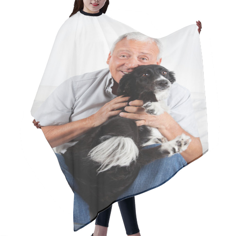 Personality  Happy Senior Man With His Dog Hair Cutting Cape