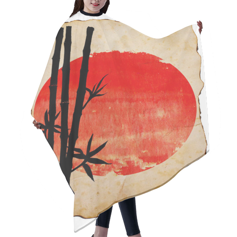 Personality  Black Silhouette Of Bamboo Plants On Big Red Sun On Vertical Old Brown Paper Isolated On White Background. Watercolor Hand Drawn Traditional Japanese Illustration With Space For Text. Hair Cutting Cape