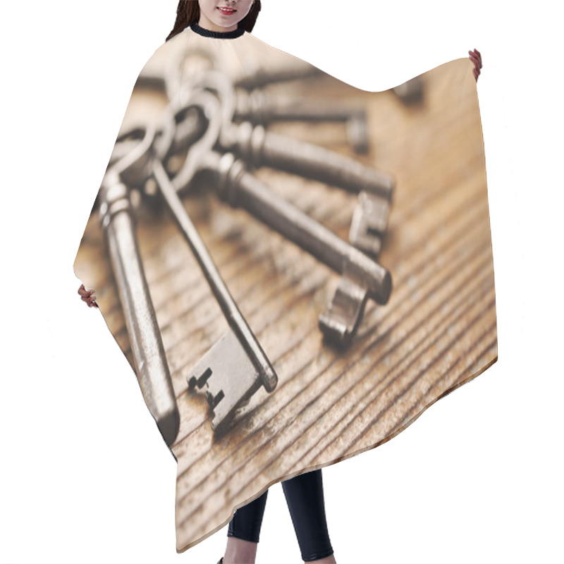 Personality  Old Keys On A Wooden Table, Close-up Hair Cutting Cape