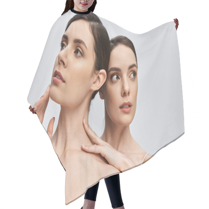 Personality  Elegant Twin Sisters Pose Thoughtfully, Showcasing Their Close Familial Bond. Hair Cutting Cape