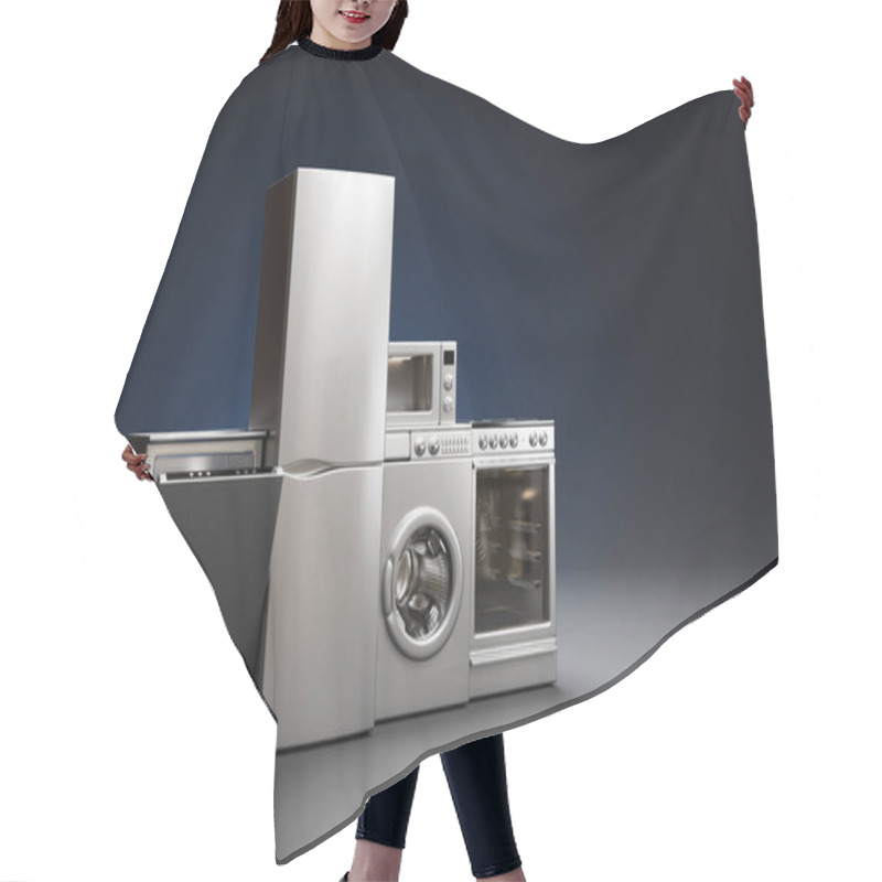 Personality  Appliances. Set Of Household Kitchen Appliances Isolated On Grey. Refrigerator, Electric Stove, Dishwasher And Washing Machine. 3d Illustration Hair Cutting Cape