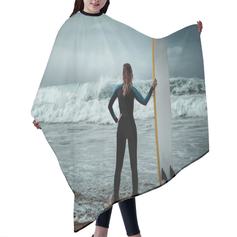 Personality  Surfer Woman Wearing Wetsuit Standing On The Beach With A Surfboard Hair Cutting Cape