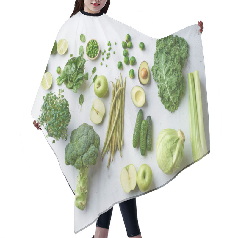 Personality  Creative Flat Lay With Healthy Vegetarian Organic Fruits And Vegetables On Table, Raw Food Concept  Hair Cutting Cape