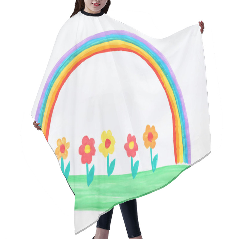 Personality  Child's Painting Of Flowers And Rainbow On White Paper Hair Cutting Cape