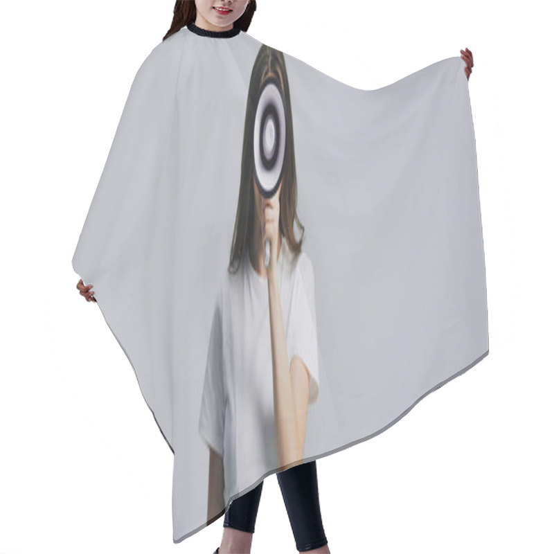 Personality  Young Pretty Woman With Loudspeaker Isolated On Grey, Panoramic Shot Hair Cutting Cape