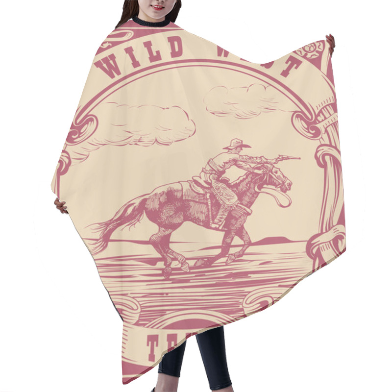 Personality  Printvector Image Of A Cowboy On A Horse With A Lasso In The Form Of A Postage Stamp With The Inscription Texas Hair Cutting Cape