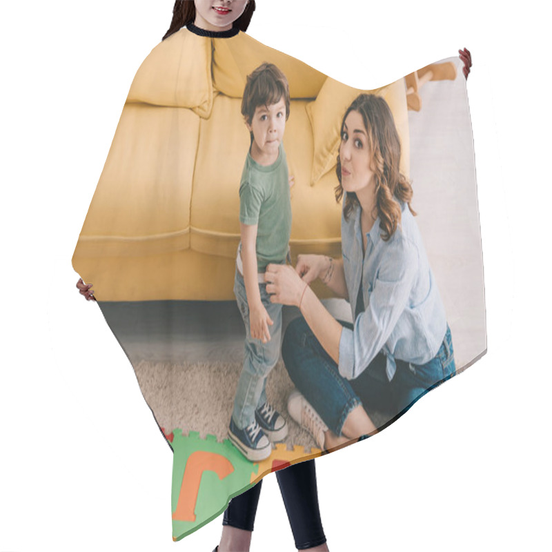 Personality  Mother And Son With Alphabet Puzzle Mat In Living Room Hair Cutting Cape