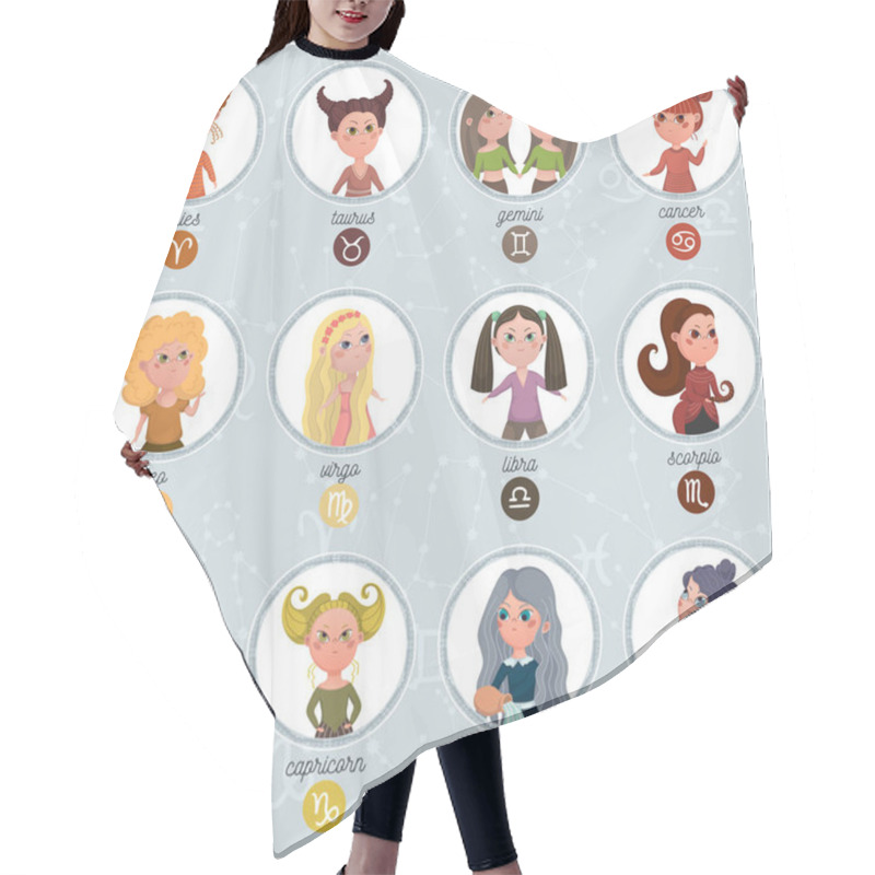 Personality  Zodiac Signs. Funny Cartoon Characters. Leo, Sagittarius, Aquarius, Gemini, Libra, Scorpio, Pisces, Cancer, Aries, Taurus, Virgo, Capricorn. Vector Illustration Hair Cutting Cape