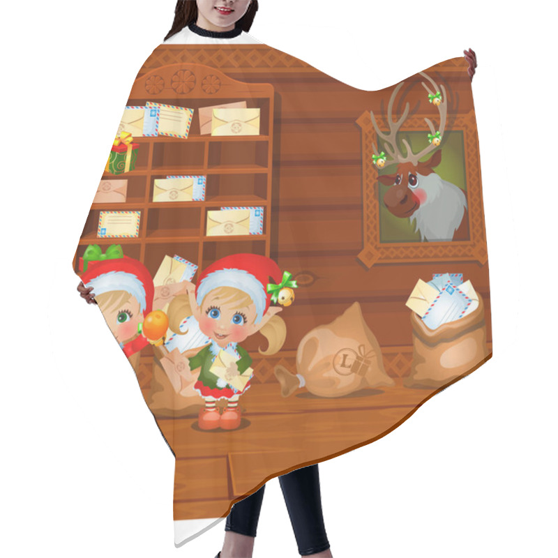 Personality  Inside The Old Cozy Wooden Village House. Home Furnishing. Santas Helpers Read Letters. Sketch Of Christmas Festive Poster, Party Invitation, Other Holiday Card. Vector Cartoon Close-up Illustration. Hair Cutting Cape