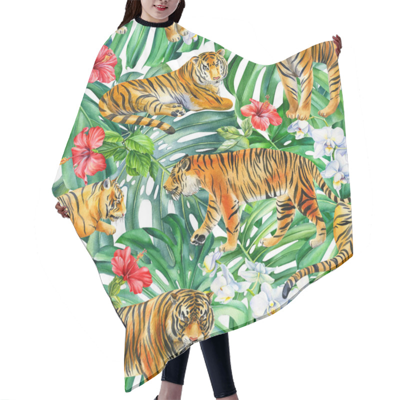 Personality  Tiger In The Jungle Seamless Pattern, Tropical Exotic Jungle Plants, Leaves Flowers, Watercolor Animals Hair Cutting Cape