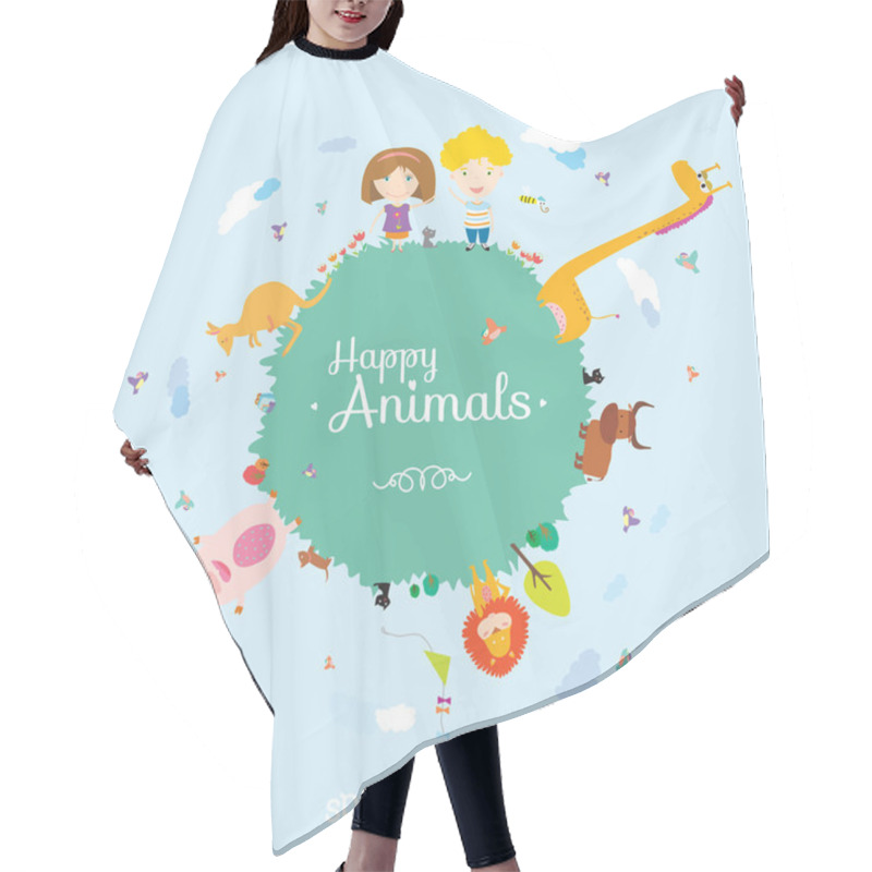 Personality  Happy Birthday Card  With Cute And Funny Animals And Children Hair Cutting Cape