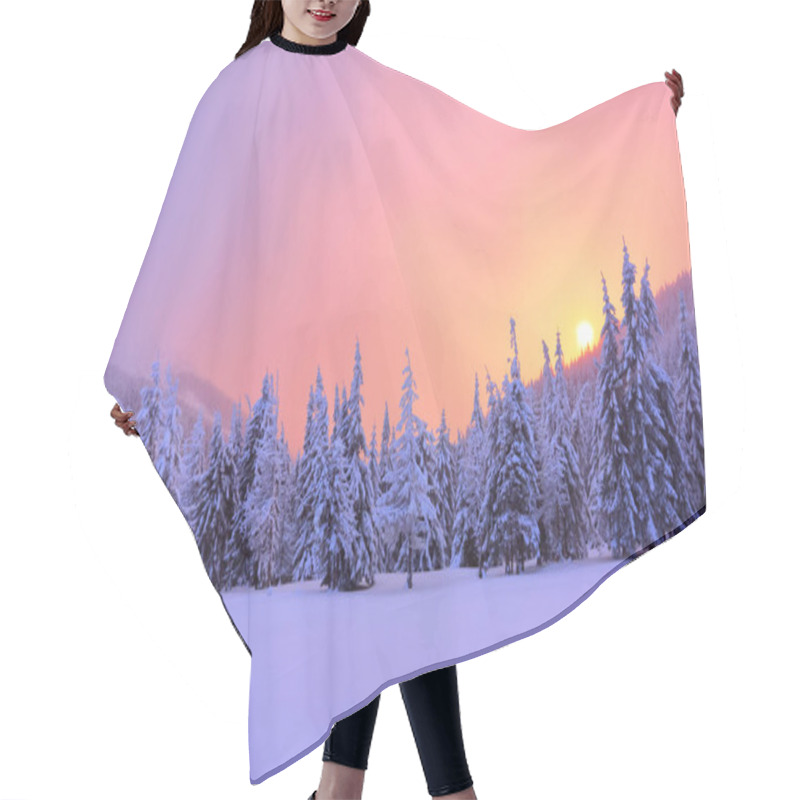 Personality  Sunrise Enlightens Sky, Mountain And Trees Standing In Snowdrifts Covered By Frozen Snow With Yellow Shine. Winter Landscape For Leaflets. Hair Cutting Cape