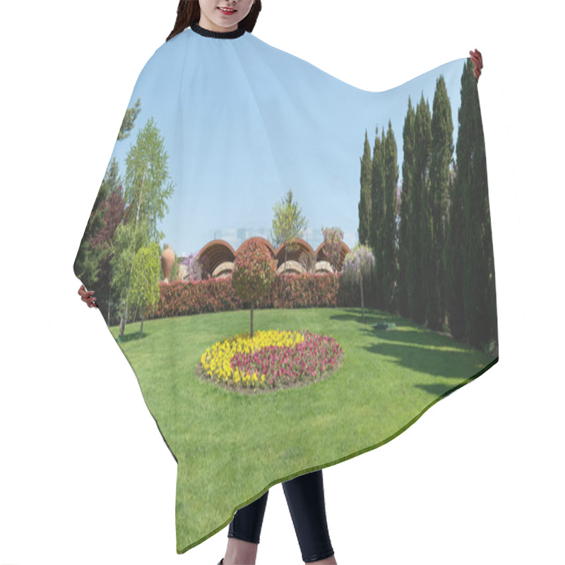 Personality  View Of An Attractive Backyard With Blooming Flowers, Conifers And Well-kept Lawns - Wide Angle View Hair Cutting Cape