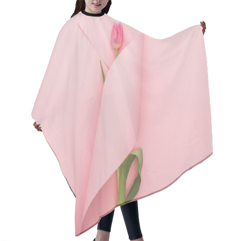 Personality  Top View Of Pink Tulip Wrapped In Paper Swirl On Pink Background Hair Cutting Cape