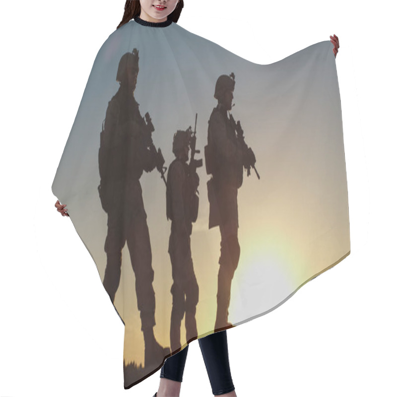 Personality  Squad Of Three Fully Equipped And Armed Soldiers Standing On Hil Hair Cutting Cape