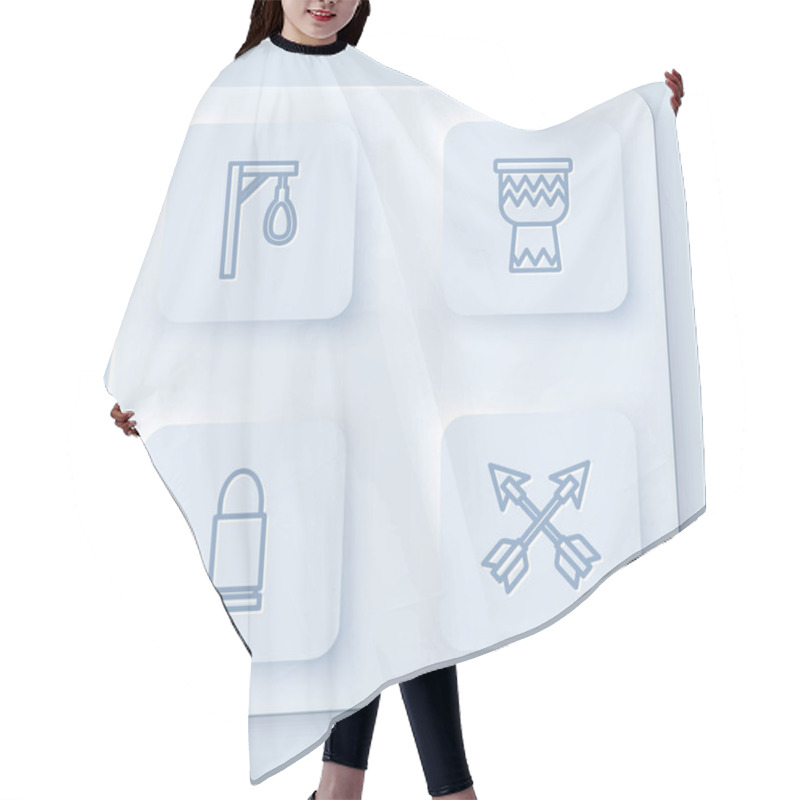 Personality  Set Line Gallows, Drum, Bullet And Crossed Arrows. White Square Button. Vector Hair Cutting Cape