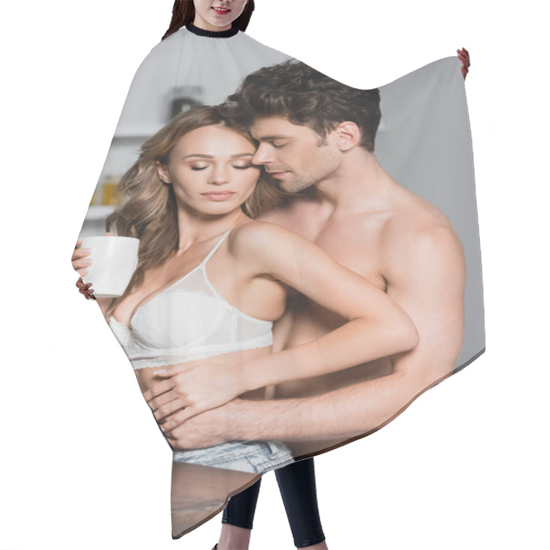 Personality  Sexy Man Hugging Girlfriend In Bra With Cup In Kitchen  Hair Cutting Cape