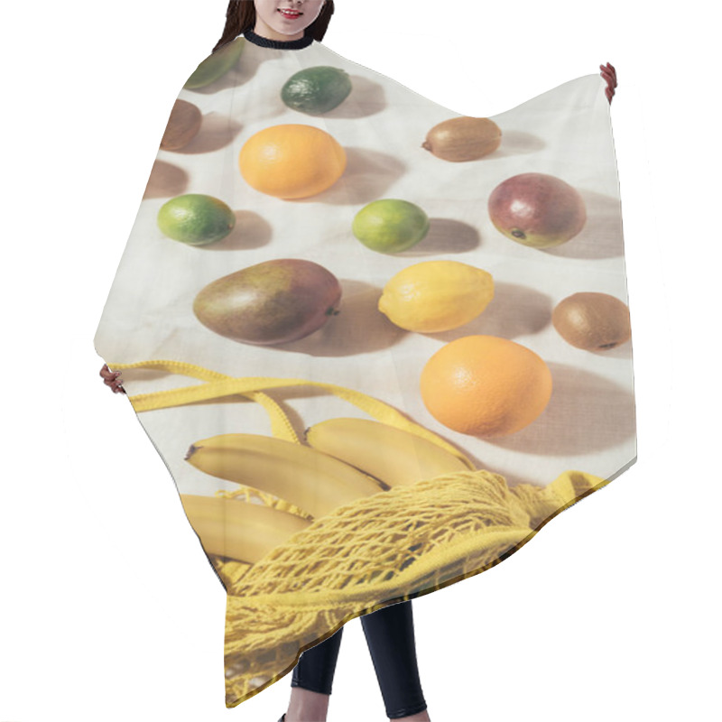 Personality  High Angle View Of Yellow String Bag And Fresh Ripe Tropical Fruits Hair Cutting Cape