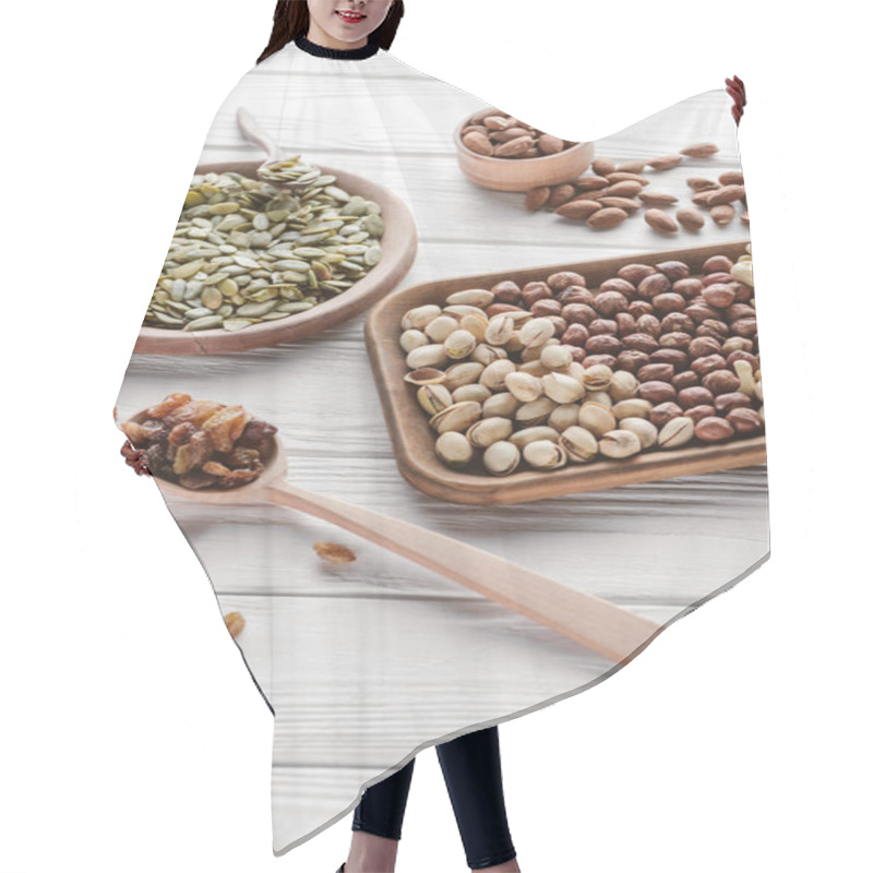 Personality  Tasty Nuts And Raisins On White Wooden Surface Hair Cutting Cape