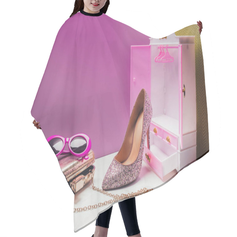 Personality  Toy Wardrobe With Real Size Stylish Female Accessories In Miniature Pink Room Hair Cutting Cape